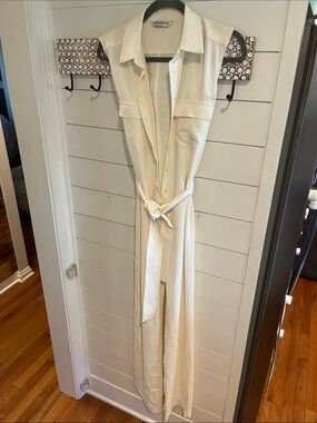 Amanda Uprichard Cream Sleeveless Button-Front Jumpsuit with Tie Waist XS